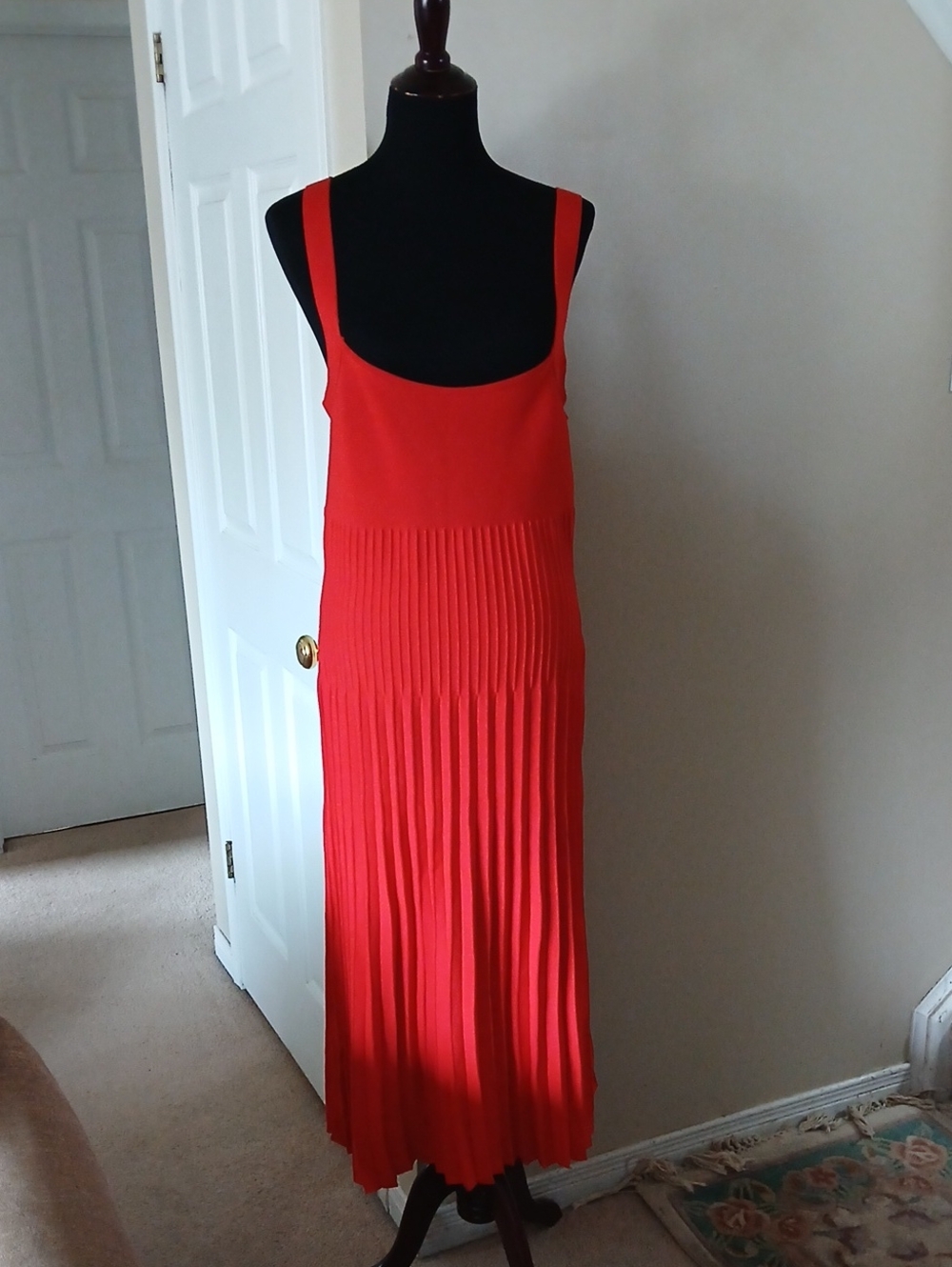 Solitaire Red Knit Pleated Maxi Dress with Wide Straps